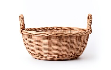 Fototapeta premium Handmade empty wicker basket with handles for Easter, picnic isolated on white background
