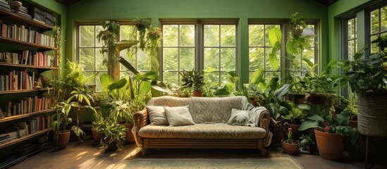 Fototapeta na wymiar Cottage-style reception/living room in a big house with green walls and plants.