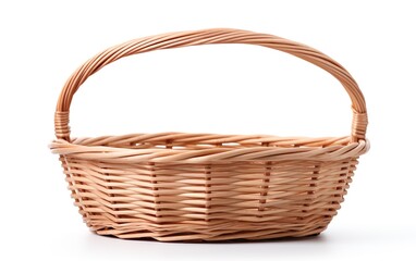 Fototapeta na wymiar Handmade empty wicker basket with handles for Easter, picnic isolated on white background