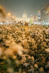 Christmas market on Wenceslas Square in Prague, snowy