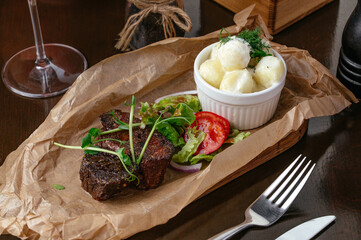 Baked beef with vegetables (carrots, peas, potatoes), horizontal