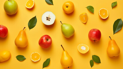 Fresh fruits. Pattern of fruits and berries on a yellow background. Flat design. 