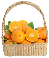 Fresh Orange fruit in basket isolated on white background, Japanese Ehime Orange with slices on on White Background PNG File.