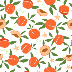 Seamless pattern with juicy fruits, apricots, leaves and flowers. Summer natural abstract print. Vector graphics.