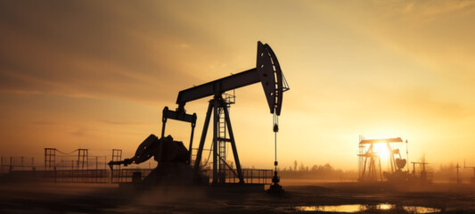 Silhouette of Oil pump rig, Oil and gas production, Oilfield site, and Pump Jack, Drilling derricks for fossil fuels output and crude oil production, War on oil prices, war crisis, blurred image - obrazy, fototapety, plakaty