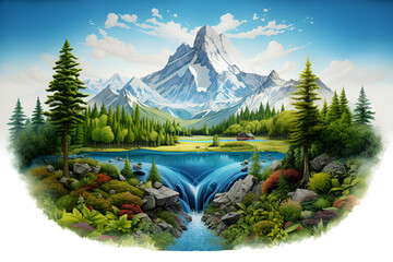 mountain landscape with mountains and river, valley, copy space, background