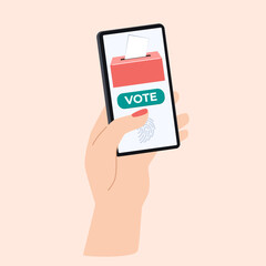 Voting online. Hand holds iPhone and votes. Election concept vector illustration