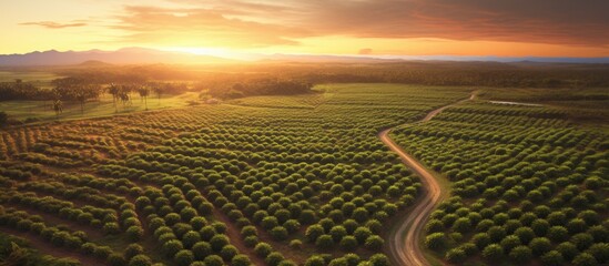 Aerial view of an oil palm plantation field with the sunset's light in the agricultural industry.