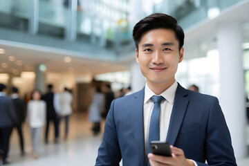 selective focus close up of confident Asian businessman using smartphone in busy office