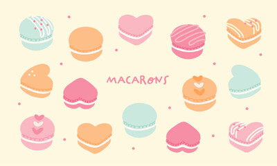Set of vector illustrations of macarons, romantic and sweet pastel colors