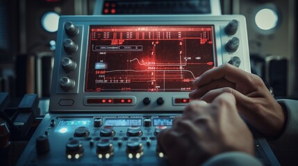 Fototapeta premium Futuristic control panel close-up, blue metal industrial cockpit dashboard with red digital display and hands operating