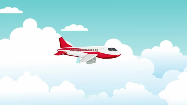 video motion animated cartoon airplane flying in the clouds