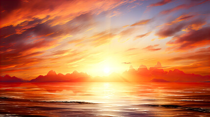 Fototapeta premium Red Sunset over the sea with clouds and waves. Generative AI technology.