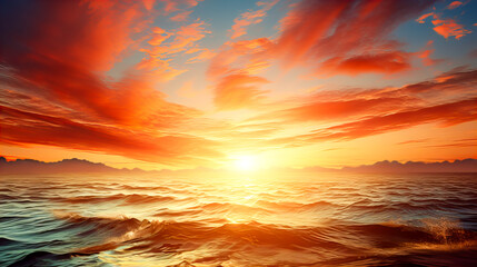 Red Sunset over the sea with clouds and waves. Generative AI technology.