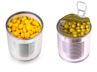 Set of Canned corn and green peas in an opened tin can isolated over the white background