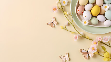 Easter decor idea. Top view photo of circle plate with colorful easter eggs butterfly shaped cookies and spring blossom branch on isolated beige background with empty space