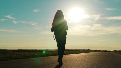 girl traveling with backpack sunset, family sun, hiking girl asphalt road, girl walking, climbing...