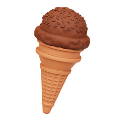 Chocolate Ice Cream Cone 3D Rendering Icon with Rich Meses Isolated Transparent Background