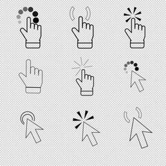 Computer mouse click cursor. Load symbol. Pointer cursor and loading icon. Cursors icons click set. Clicking cursor, pointing hand clicks icons.