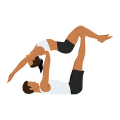 Young couple doing yogi practicing high flying whale acro yoga pose. Young man balancing a woman on his feet. Flat vector illustration isolated on white background