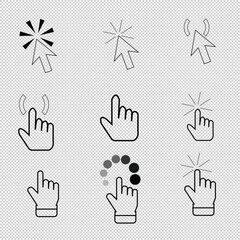 Computer mouse click cursor. Load symbol. Pointer cursor and loading icon. Cursors icons click set. Clicking cursor, pointing hand clicks icons.