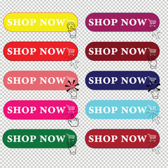 Shop now button with hand cursor, Buy now hand pointer clicking,Online shopping buttons set