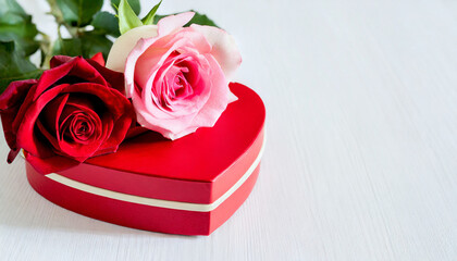 Heart shaped gift box with red and pink roses on white background - Valentine's Day