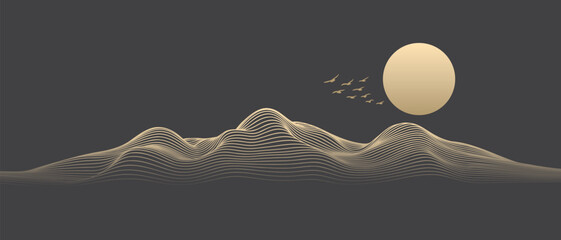 Vector abstract art landscape mountain with birds and sunrise sunset by golden line art texture isolated on dark grey black background. Minimal luxury style for wallpaper, wall art decoration. - obrazy, fototapety, plakaty