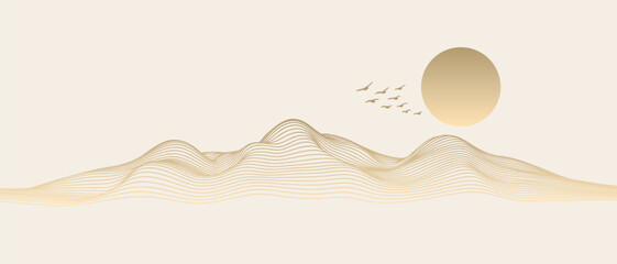 Vector abstract art landscape mountain with birds and sunrise sunset by golden line art texture isolated on white beige background. Minimal luxury style for wallpaper, wall art decoration. - obrazy, fototapety, plakaty