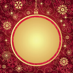 Vector hand drawn Christmas frame with glitter golden snowflakes and stars on the dark red background
