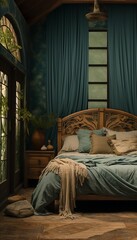 The enchanting color palette of the sleeping quarters, featuring earthy greens, soft browns, and ethereal blues, creating a harmonious and magical ambiance that enhances the connection with nature.