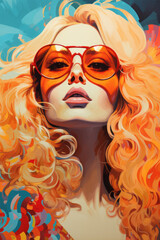 Vibrant digital art of a woman with voluptuous blonde hair wearing oversized orange sunglasses.