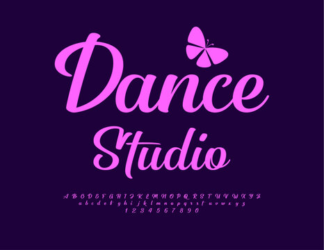 Vector stylish card Dance Club. Beautiful Calligraphic Font. Artistic Pink Alphabet Letters and Numbers set