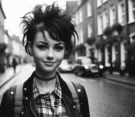 Joven mujer punk sonriendo en calles británicas. Retro. Blanco y negro - obrazy, fototapety, plakaty