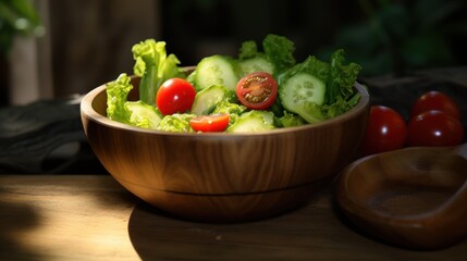 Culinary delight: a wooden bowl filled with a vibrant, fresh vegetable salad, a colorful medley of health on the table.