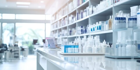 pharmacy drugstore shelves interior blurred abstract background with copy space  - obrazy, fototapety, plakaty