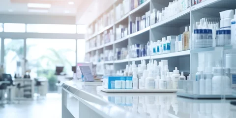 Fotobehang pharmacy drugstore shelves interior blurred abstract background with copy space  © Sim