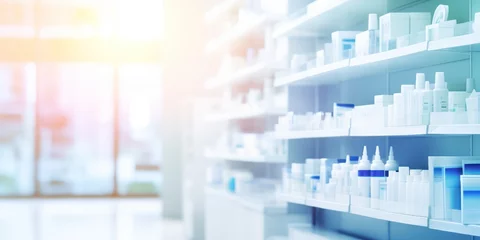 Photo sur Plexiglas Pharmacie pharmacy drugstore shelves interior blurred abstract background with copy space 