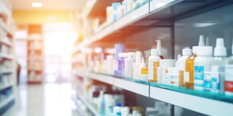 Gordijnen pharmacy with pills blur white background © Sim