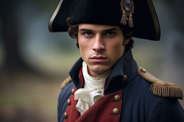 In a historical military reenactment, a patriotic soldier in full dress uniform stands ready for battle, embodying 18th-century colonial spirit.