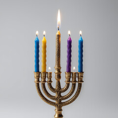 Jewish holiday joy kindling hanukkah menorah candles on holy hanukkiah in jew