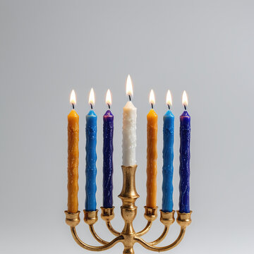 Jewish holiday joy kindling hanukkah menorah candles on holy hanukkiah in jew
