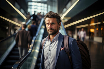 Portrait of serious businessman with backpack on shoulder at high speed train station with escalators in the background. Business trip concept. Generated AI - obrazy, fototapety, plakaty