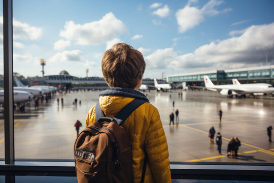 Closeup boy with backpack looking towards the planes through the large window of the airport hall. Rear view of kid waiting for departure flight. Family travel concept