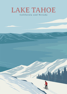 lake tahoe ski resort travel poster vintage design, lake tahoe winter view nevada and california