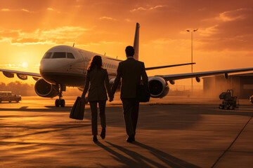 Illustration of a young couple holding hands boarding a private plane at sunset for a business trip. Generative Ai