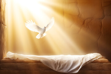Resurrection Of Jesus Christ Concept. White Bird, Shroud And Crucifixion At Sunrise - obrazy, fototapety, plakaty