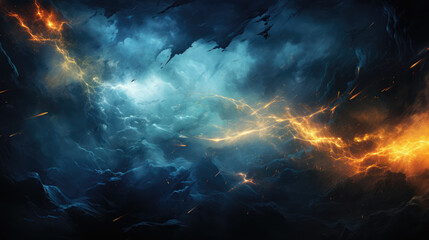 An intense and fiery abstract scene with electric blue and yellow veins, resembling a storm or nightmare.