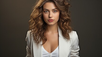 Naklejka premium Beautiful brunette with long hair wearing white trousers and a blazer against a grey background.
