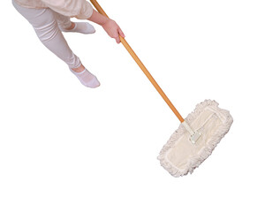 An adult woman mops a wooden laminate floor while cleaning her home living room, isolated on a white background